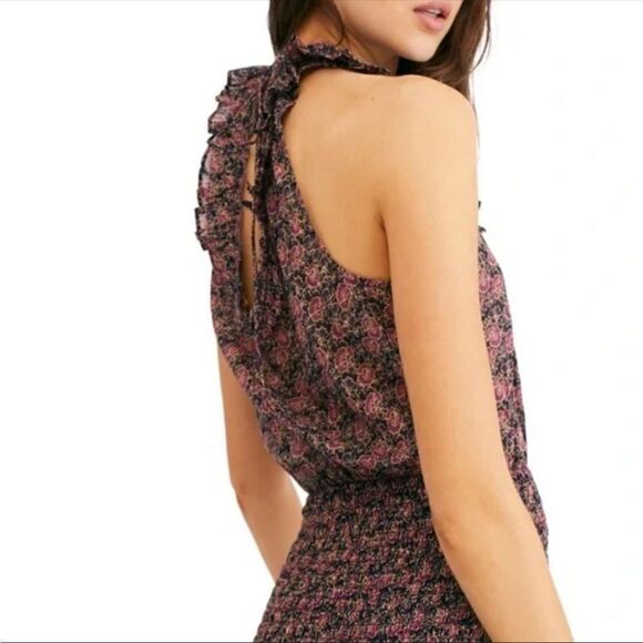Free People I’m Your Favorite Mini Dress Plum/Purple Combo Size M Smocked Floral - Picture 6 of 8